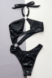 Black Sportswear Animal Print Bandage Hollowed Out Patchwork Swimwears(With Paddings)