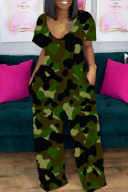 Legergroene elegante gradiënt camouflageprint patchwork zak met V-hals losse jumpsuits