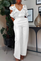 White Elegant Solid Patchwork Pocket Backless Flounce Spaghetti Strap Sleeveless Two Pieces Ruffle Trim Tops Wide Leg Pants Sets