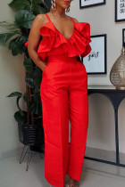 Red Elegant Solid Patchwork Pocket Backless Flounce Spaghetti Strap Sleeveless Two Pieces Ruffle Trim Tops Wide Leg Pants Sets
