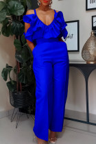 Blue Elegant Solid Patchwork Pocket Backless Flounce Spaghetti Strap Sleeveless Two Pieces Ruffle Trim Tops Wide Leg Pants Sets