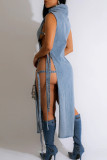 Blue Sexy Solid Bandage Hollowed Out Patchwork Mandarin Collar Sleeveless Straight Denim Dresses