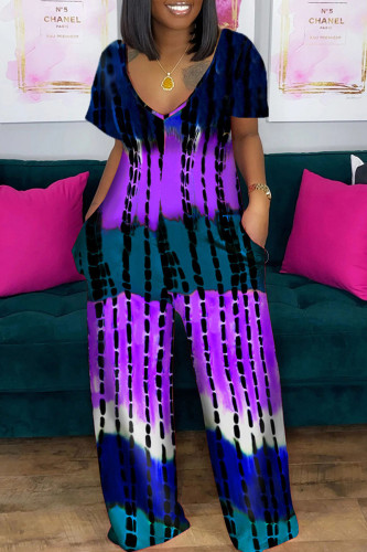 Фиолетовый элегантный градиентный камуфляжный принт в стиле пэчворк с карманами и V-образным вырезом Свободные комбинезоны