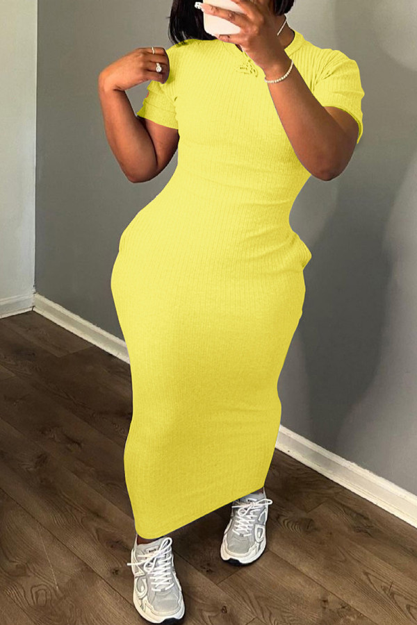 Lemon Yellow Casual Street Solid Patchwork Pocket O Neck Long Dresses