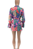 Rose Red Street Tropical Print Patchwork Buckle Turndown Collar Long Sleeve Blouse And Shorts Set