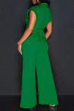 Green Casual Elegant Solid Patchwork Pocket V Neck Regular Jumpsuits