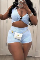 Sky Blue Celebrities Solid Hollowed Out Patchwork Backless V Neck Sleeveless Two Pieces Tank Crop Top And Shorts Sets
