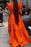 Tangerine Red Sweet Elegant Solid Patchwork Flounce Fold O Neck A Line Dresses