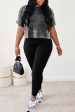 Dark Gray Street Tie Dye Patchwork O Neck Half Sleeve Two Pieces