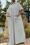 Gray White Casual Solid Patchwork Pocket Buckle Turndown Collar Loose Jumpsuits