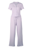 Purple Casual Solid Patchwork Draw String Pocket Buckle V Neck Short Sleeve Two Pieces Tops And Pants Sets