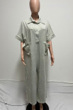 Gray White Casual Solid Patchwork Pocket Buckle Turndown Collar Loose Jumpsuits