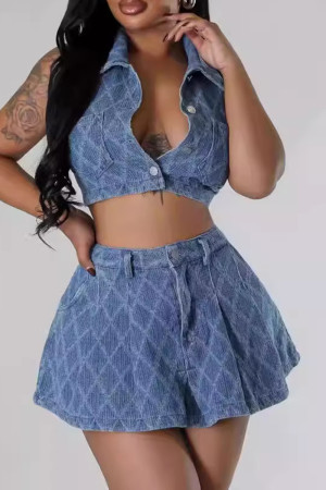 Sky Blue Sexy Plaid Patchwork Buckle Buttons Zipper Turndown Collar Sleeveless Two Pieces