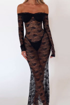 Black Sexy Solid Lace Patchwork See-through Off the Shoulder Long Dresses