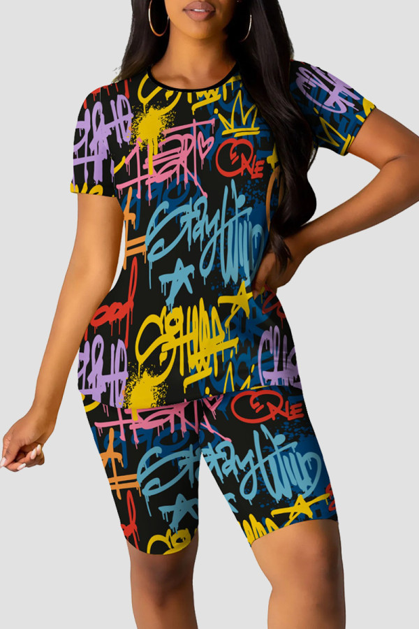 Yellow And Blue Casual Print Patchwork O Neck Short Sleeve Two Pieces
