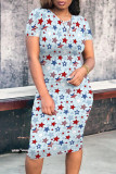 Red Street Flag Star Print Patchwork O Neck Wrapped Skirt Bodycon Midi Dresses