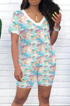 Powder Blue Casual Print Patchwork V Neck Short Sleeve Two Pieces