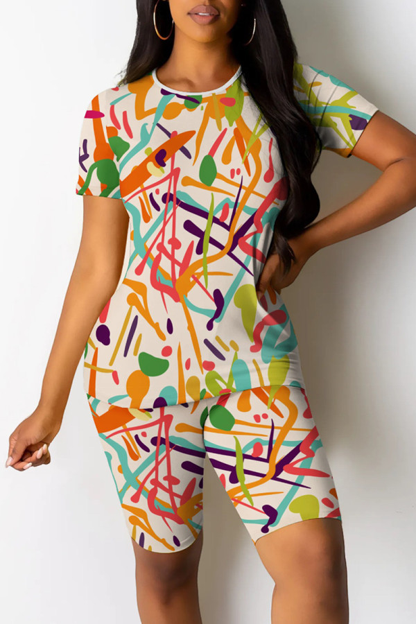 Orange Green Casual Print Patchwork O Neck Short Sleeve Two Pieces