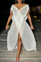 Vit sexig solid urholkad lapptäcke Genomskinlig Mesh V-hals långa klänningar