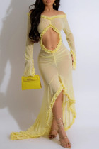 Желтые сексуальные однотонные лоскутные длинные платья с открытыми плечами