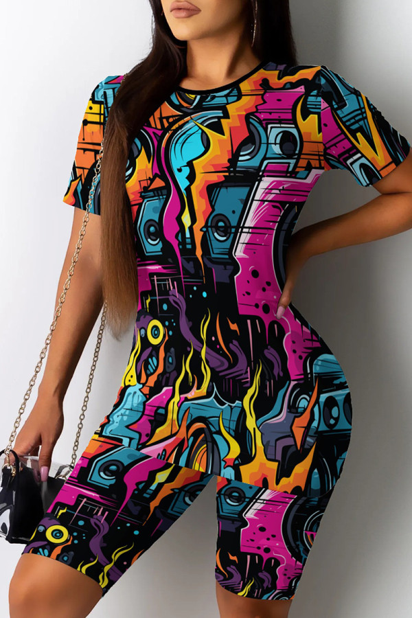 Orange Casual Print Patchwork O Neck Short Sleeve Two Pieces