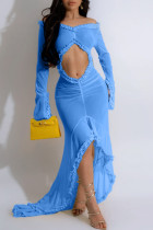 Blauwe sexy effen uitgeholde patchwork off-shoulder lange jurken