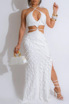 White Sexy Solid Bandage Hollowed Out Patchwork Backless High Opening Halter Long Dresses