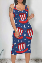 ホワイトブルーレッドカジュアルプリント星アメリカ国旗コントラストUネックワンステップスカートドレス