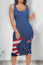 Tibetan Blue Casual Print The stars American Flag Contrast U Neck One Step Skirt Dresses