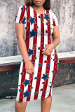 Red White Street Flag Star Print Patchwork O Neck Wrapped Skirt Bodycon Midi Dresses
