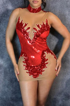 Red Sexy Hollowed Out Sequins Patchwork See-through Mandarin Collar Wrapped Skirt Dresses