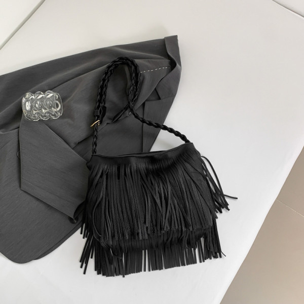 Black Casual Daily Solid Tassel Bags