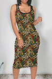 Red Vintage Print Patchwork U Neck Wrapped Skirt Dresses