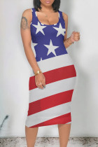 Blue Casual American Flag Stars Print Contrast U Neck One Step Skirt Bodycon Vest Dresses