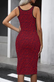 Red Vintage Print Patchwork U Neck Wrapped Skirt Dresses