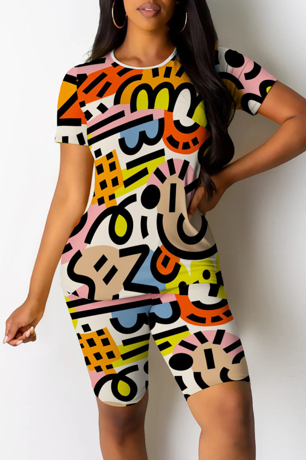 White Casual Print Patchwork O Neck Short Sleeve Two Pieces