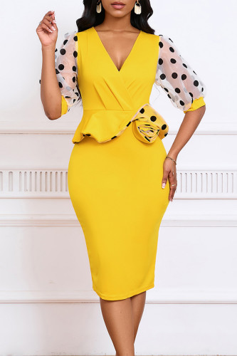 Gelbe, elegante, gepunktete Patchwork-Kleider mit Schlitz und V-Ausschnitt in A-Linie