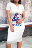 White Blue Street Flag Star Print Patchwork O Neck Wrapped Skirt Bodycon Midi Dresses