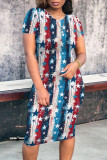 Blue Street Flag Star Print Patchwork O Neck Wrapped Skirt Bodycon Midi Dresses