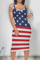 Blue Red Casual Print The stars American Flag Contrast U Neck One Step Skirt Dresses