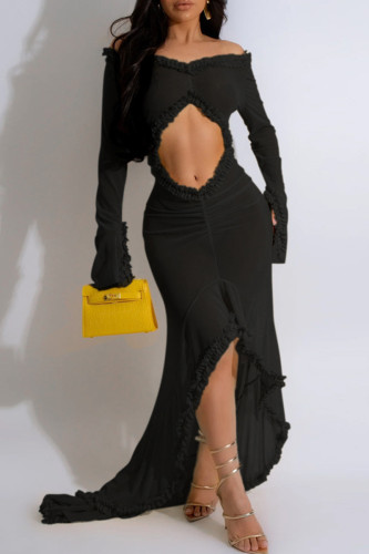 Zwarte sexy effen uitgeholde patchwork off-shoulder lange jurken