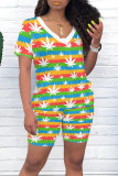 Green Casual Print Patchwork V Neck Short Sleeve Two Pieces