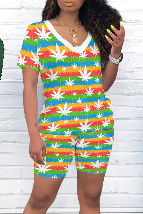 White Casual Print Patchwork V Neck Short Sleeve Two Pieces