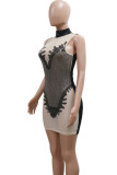 Red Sexy Hollowed Out Sequins Patchwork See-through Mandarin Collar Wrapped Skirt Dresses