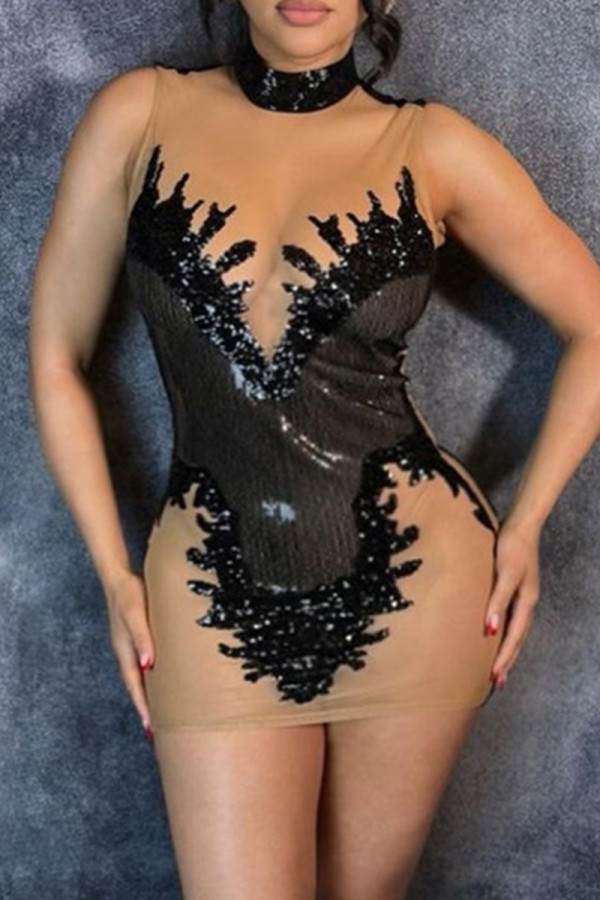 Black Sexy Hollowed Out Sequins Patchwork See-through Mandarin Collar Wrapped Skirt Dresses