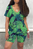 Green Casual Print Patchwork V Neck Short Sleeve Two Pieces