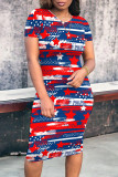 White Street Flag Star Print Patchwork O Neck Wrapped Skirt Bodycon Midi Dresses