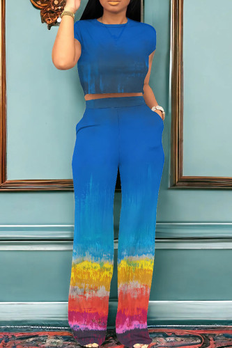Blue Casual Gradient Ombre Print Patchwork Pocket O Neck Short Sleeve Two Pieces Crop Tops And Pants Sets