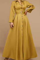 黄色のエレガントな固体パッチワーク バックル折りベルト ターンダウン カラー ロング ドレス