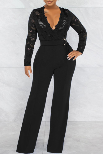 Black Casual Solid Lace Patchwork See-through With Belt Zipper V Neck Regular Jumpsuits